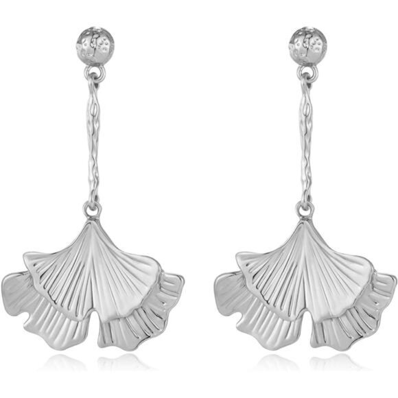 Silver Ginkgo Leaf Earrings | Elegant Statement Dangle Jewelry - Picture 2 of 5